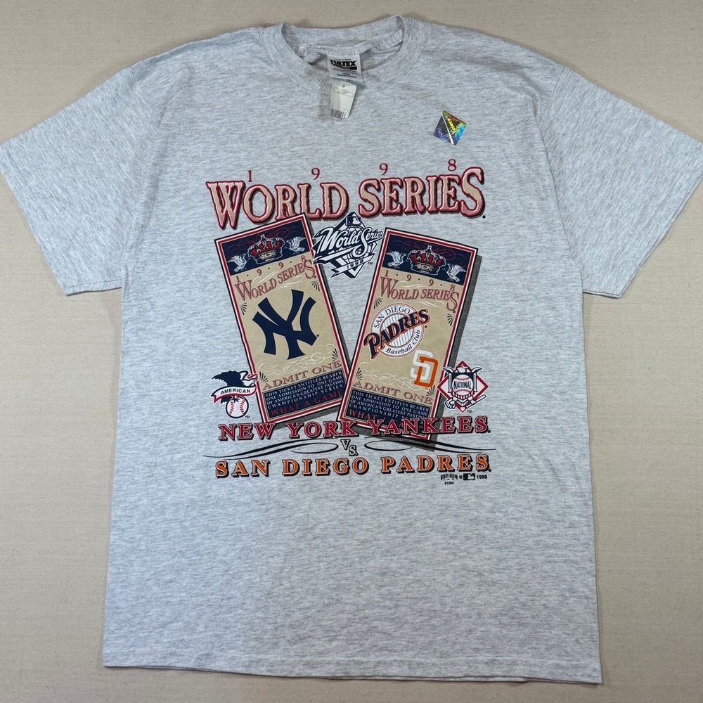Vintage 1998 World Series T Shirt Yankees vs Padres Tultex Gray Mens Large NWT